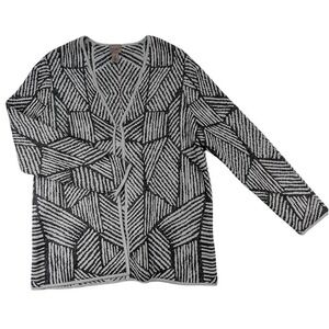 Easywear Chicos Cardigan Womens L 12 Gray Geometric Op Art Mod 60s Retro Graphic